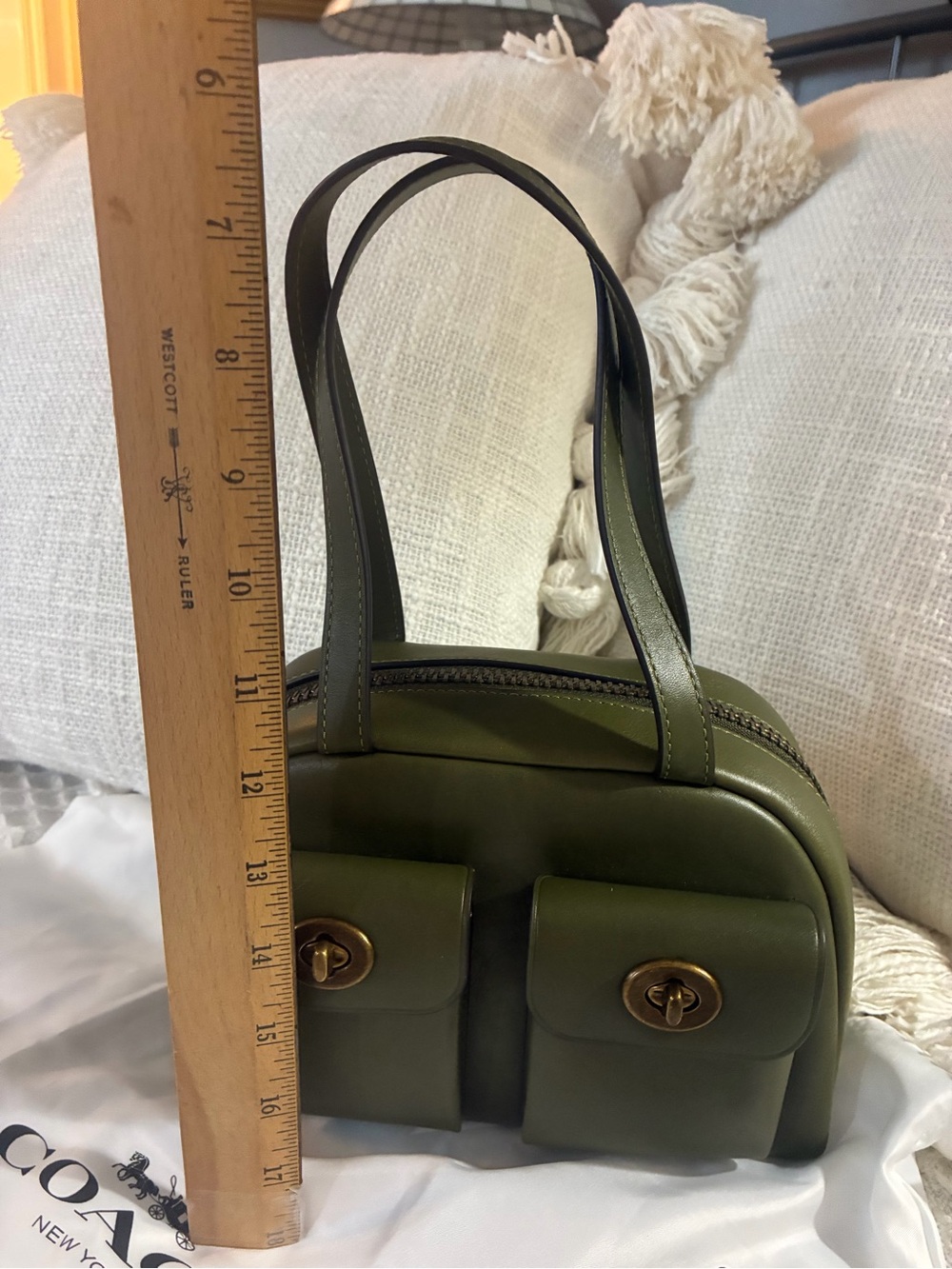 Coach Olive Green Leather Double Pocket Shoulder Bag - Picture 10 of 14